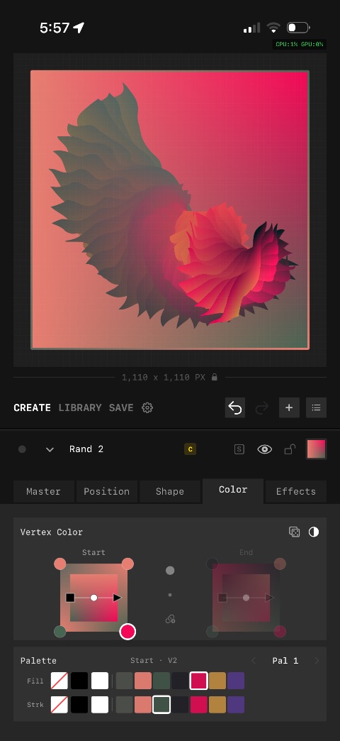 Shadowbox app — procedural drawing canvas with color controls