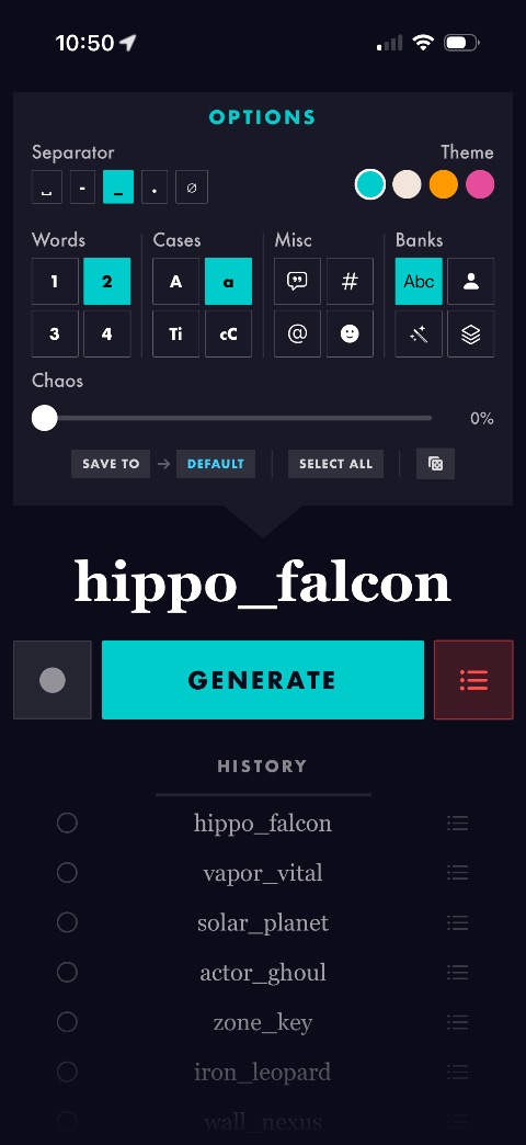 Unicorn Porcupine app — name generator options and history